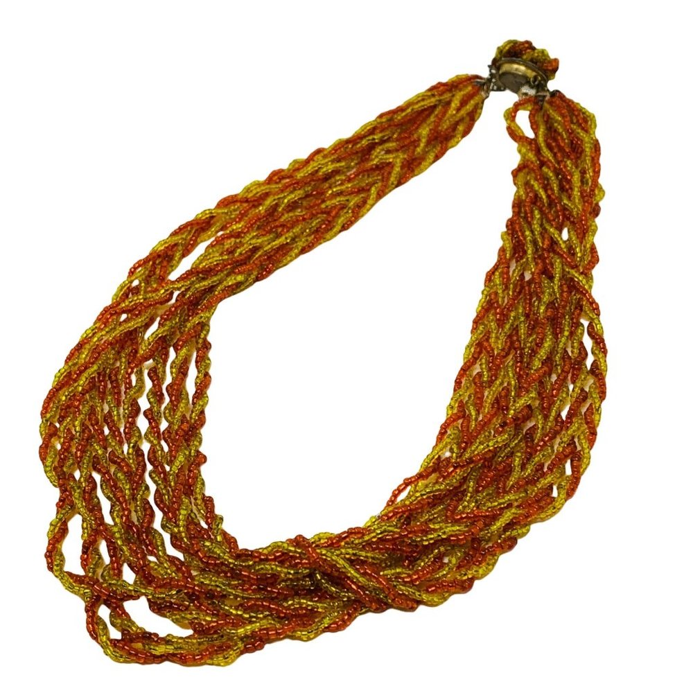 Vintage 1960s Beaded Necklace Multi Strand Firey Orange Yellow Bold